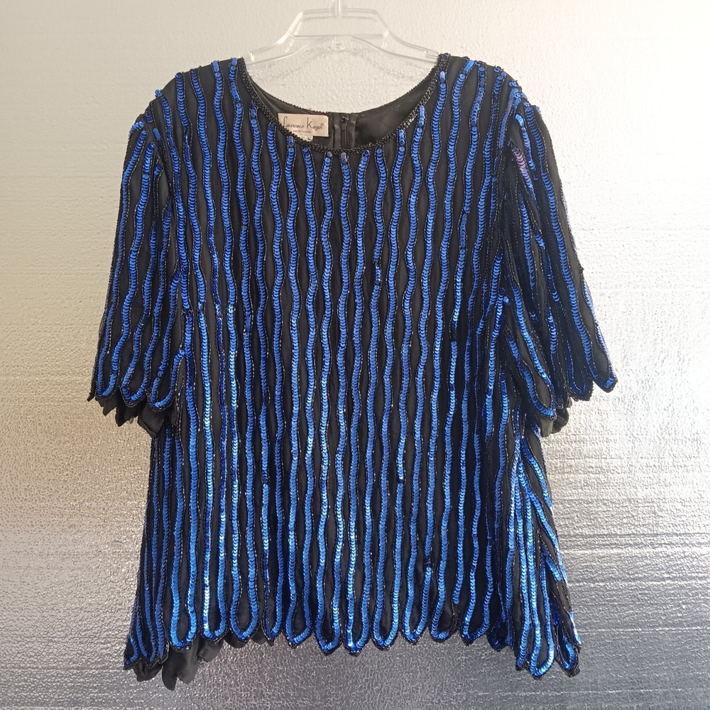 VTG Laurence Kazar New York Silk Blue Beaded Sequins 3X Party Evening Top 80s